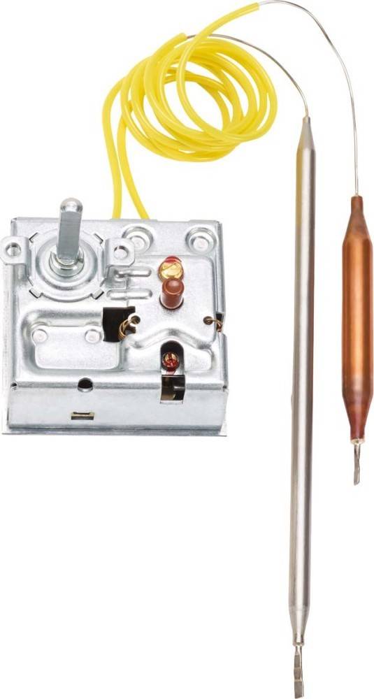 Ein metallischer Thermostat mit Kapillarrohr und Kupfersensor. Das Gerät wird in Nahaufnahme gezeigt, wobei seine mechanischen Komponenten hervorgehoben werden.