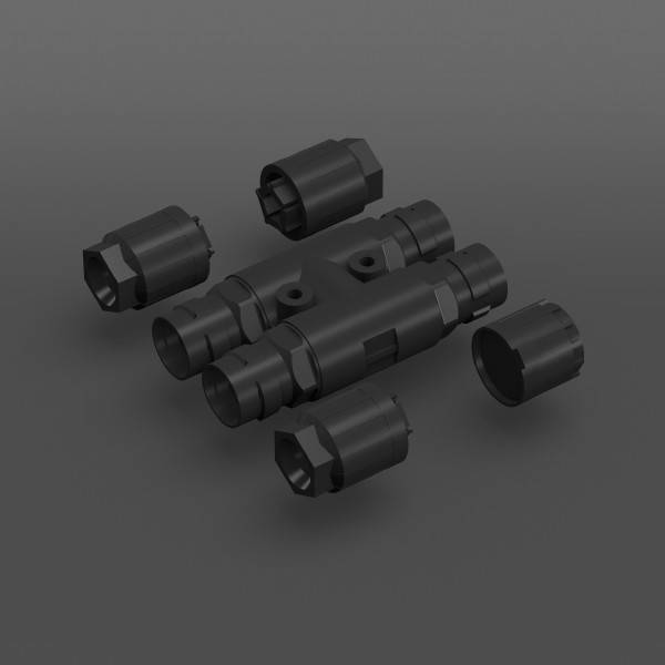 Explodierte Ansicht eines schwarzen zylindrischen mechanischen Verbinders mit separaten Endkappen und internen Komponenten auf grauem Hintergrund.