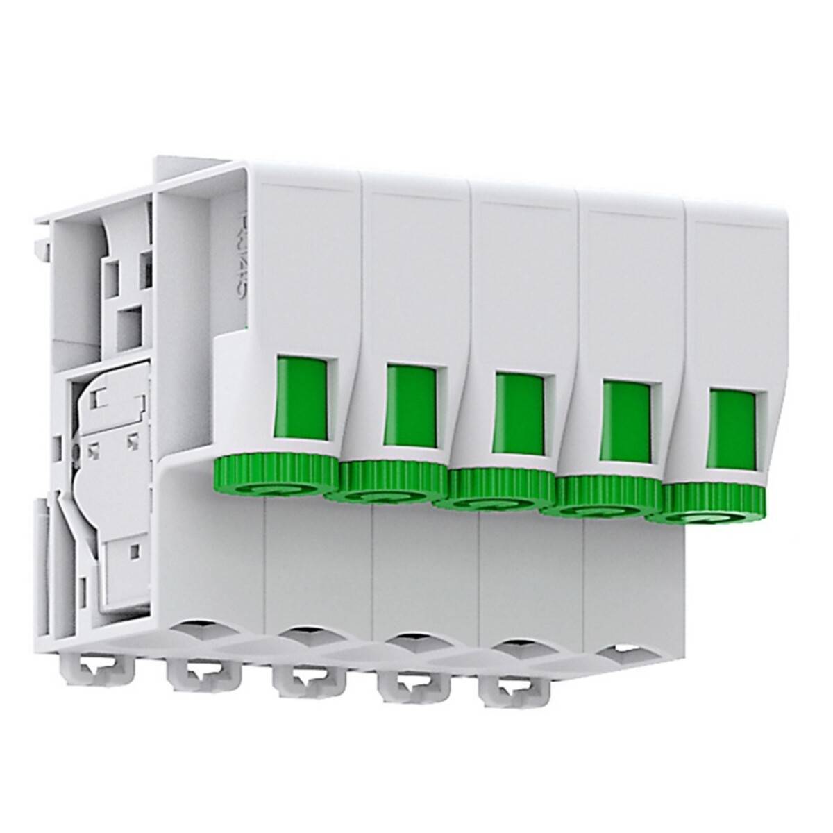Weißer elektrischer Steckverbinder mit fünf grünen Anschlussblöcken auf einfachem Hintergrund.