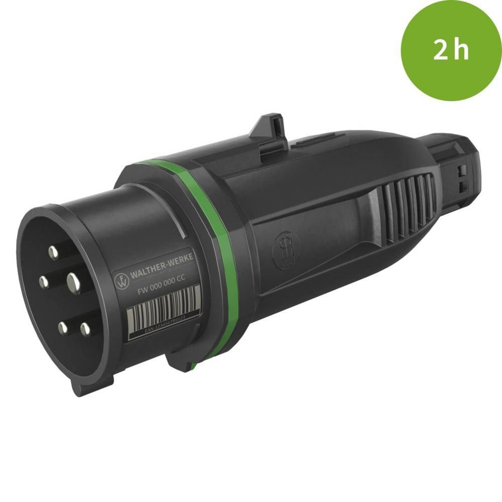 Ein schwarzer und grüner industrieller Stecker mit fünf Zinken ist zu sehen. Ein grüner Kreis in der Ecke zeigt '2h' an, was auf eine Ladezeit von zwei Stunden hinweist.