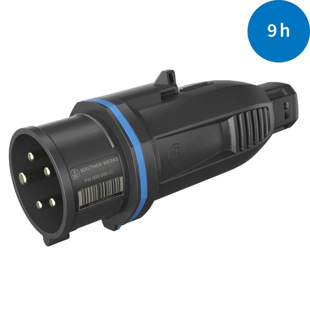 Ein schwarzer Industriestecker mit blauen Akzenten wird gezeigt. Er hat mehrere Stifte zum Anschluss an eine kompatible Buchse. Eine Beschriftung auf dem Stecker liest sich „WALTHER WERKE