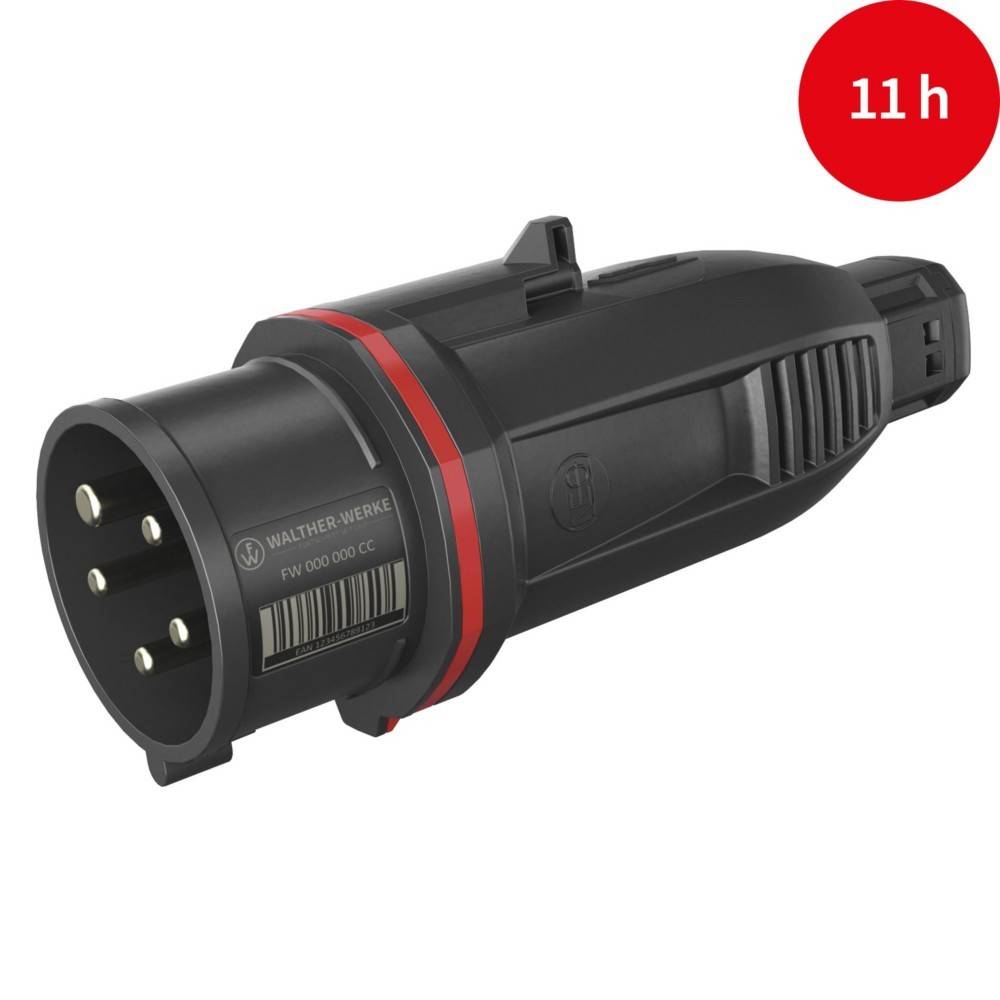 Ein schwarzer industrieller Stecker mit mehreren Pins, der mit '11 h' in Rot beschriftet ist, was auf eine bestimmte Konfiguration oder Funktion hinweist.