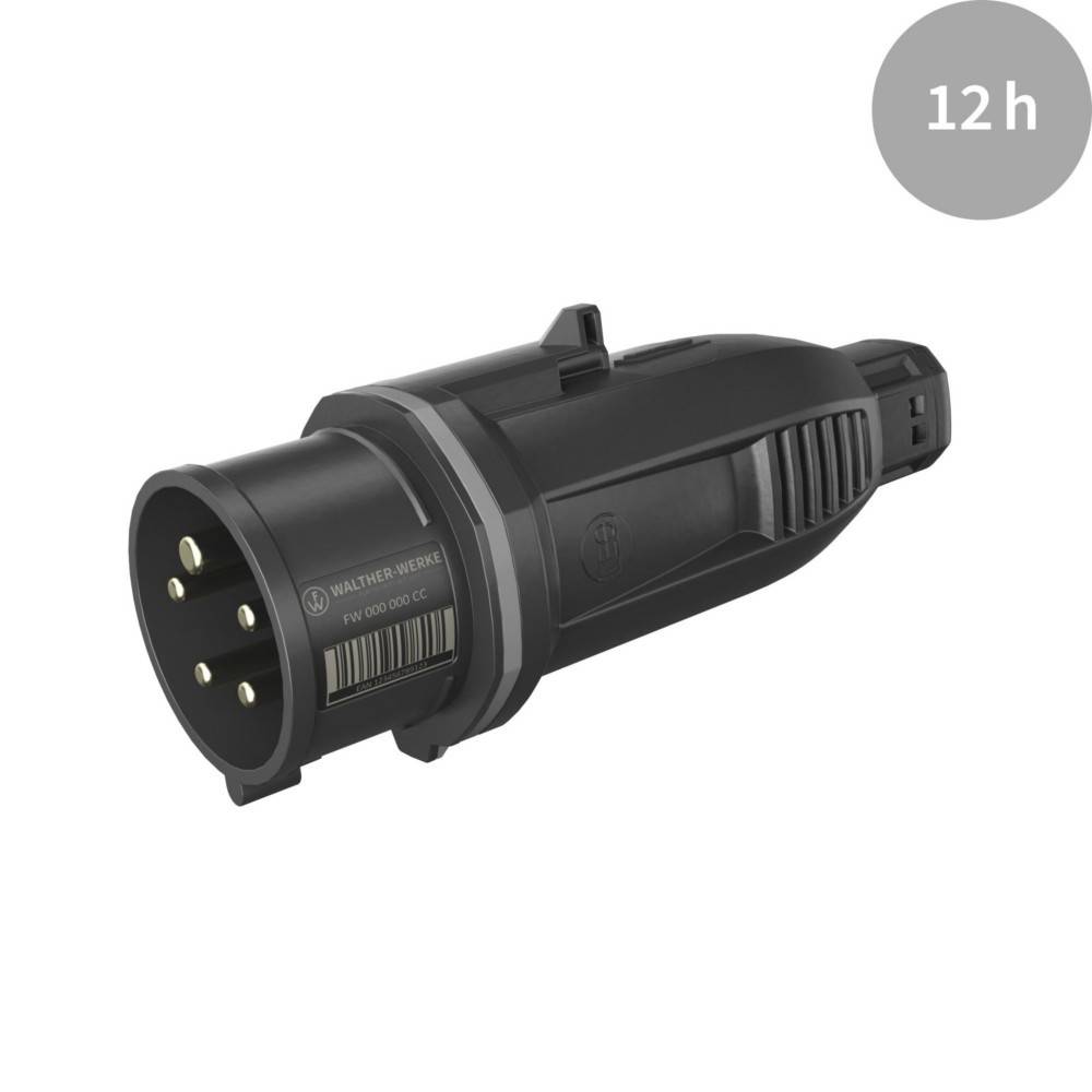 Ein schwarzer industrieller Stromstecker wird gezeigt mit dem Text '12 h', der eine langanhaltende Haltbarkeit oder Dauer anzeigt.