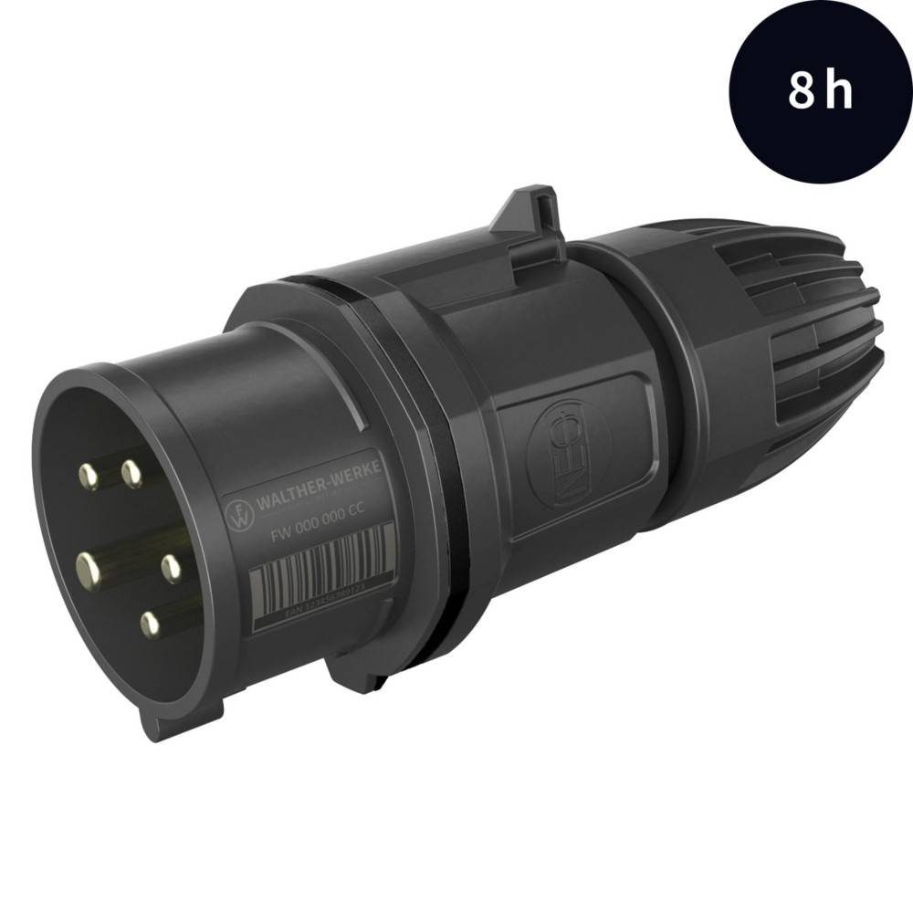 Schwarzer elektrischer Stecker mit vier Metallzacken, in der Ecke mit „8h