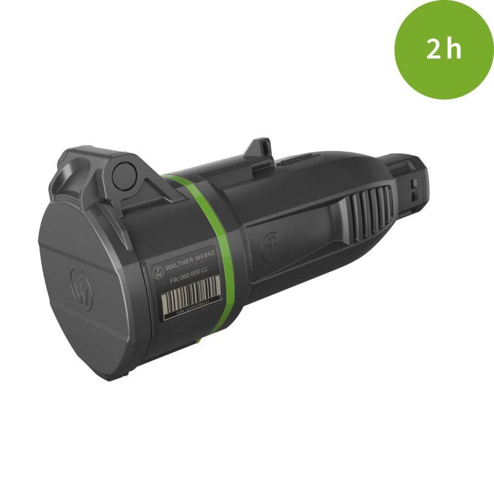 Schwarze Powertools-Batterie mit grünen Akzenten; gekennzeichnet mit '2h' in einem grünen Kreis, der zwei Stunden Nutzungszeit angibt.