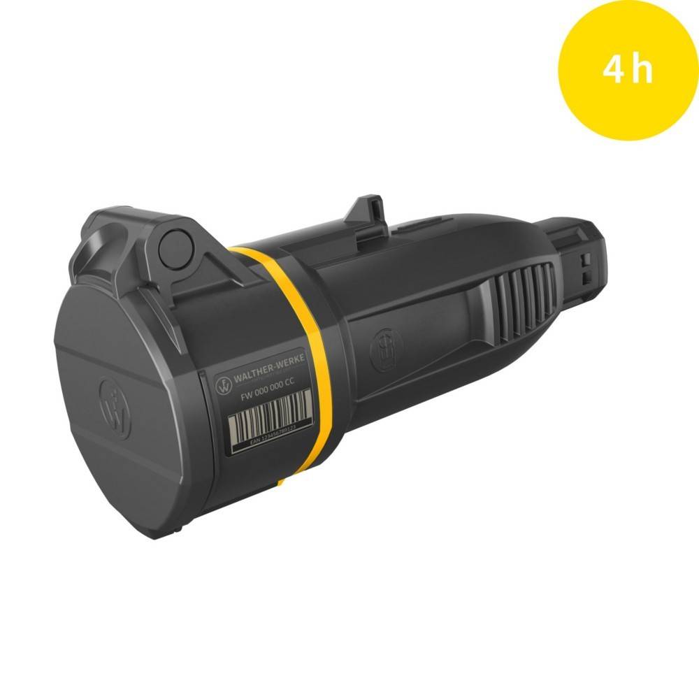 Schwarze Taschenlampen-Batterie mit einem gelben Band, beschriftet mit 9V 600 06 CE. Gelber Kreis oben rechts zeigt '4h', was die Batterielaufzeit angibt.