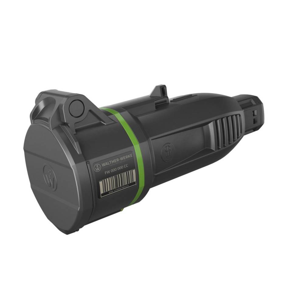 Ein schwarzes, zylindrisches elektronisches Gerät mit einem grünen Streifen und einem sichtbaren Barcode, möglicherweise eine Batterie oder eine Komponente, aus einem Winkel betrachtet.