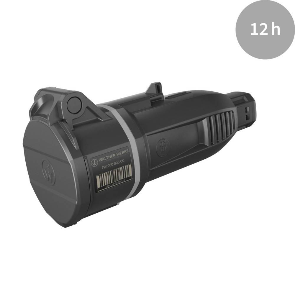 Ein Nahaufnahmebild einer schwarzen Taschenlampe mit der Aufschrift ‚WALTHER PRO' und einem Batteriestandsanzeiger, der in der oberen rechten Ecke ‚12h' zeigt.