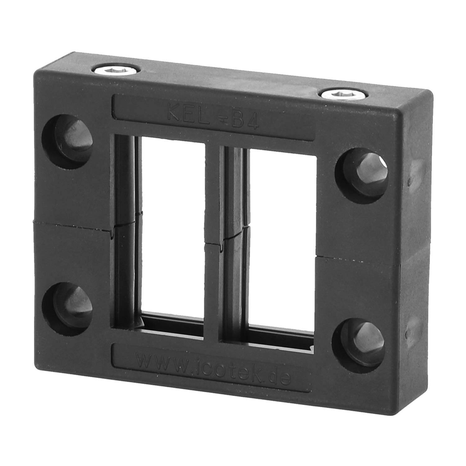Ein rechteckiger schwarzer Kunststoff-Kabeldurchführungsrahmen mit Schraublöchern an jeder Ecke, mit dem Text 'KEL-84' auf seiner oberen Kante.