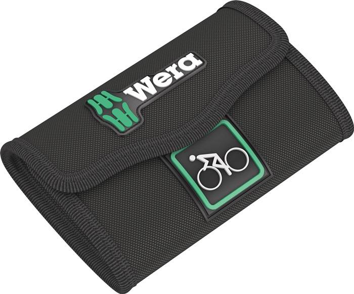 Eine kompakte schwarze Werkzeugtasche mit 'Wera' Logo und einem Fahrrad-Symbol, was darauf hindeutet, dass sie für Fahrradreparaturen entwickelt wurde.
