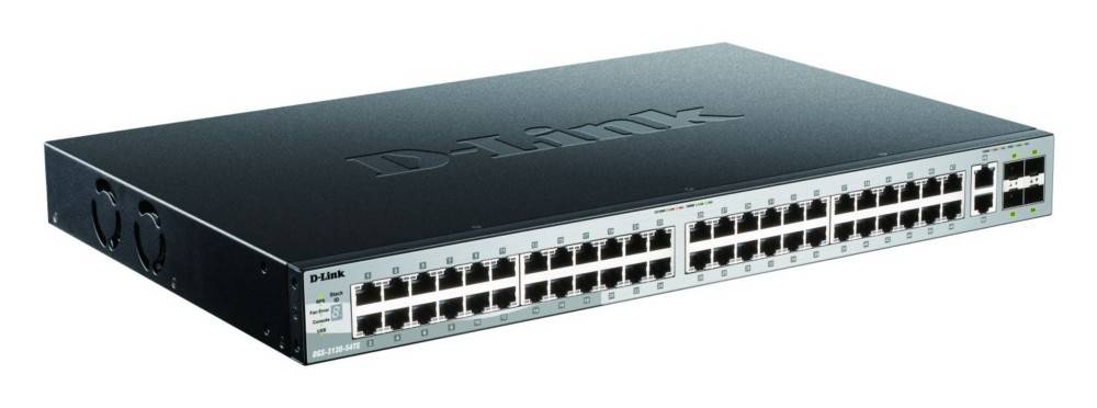 Ein schwarzer D-Link-Netzwerk-Switch mit 24 Ethernet-Ports an der Vorderseite.