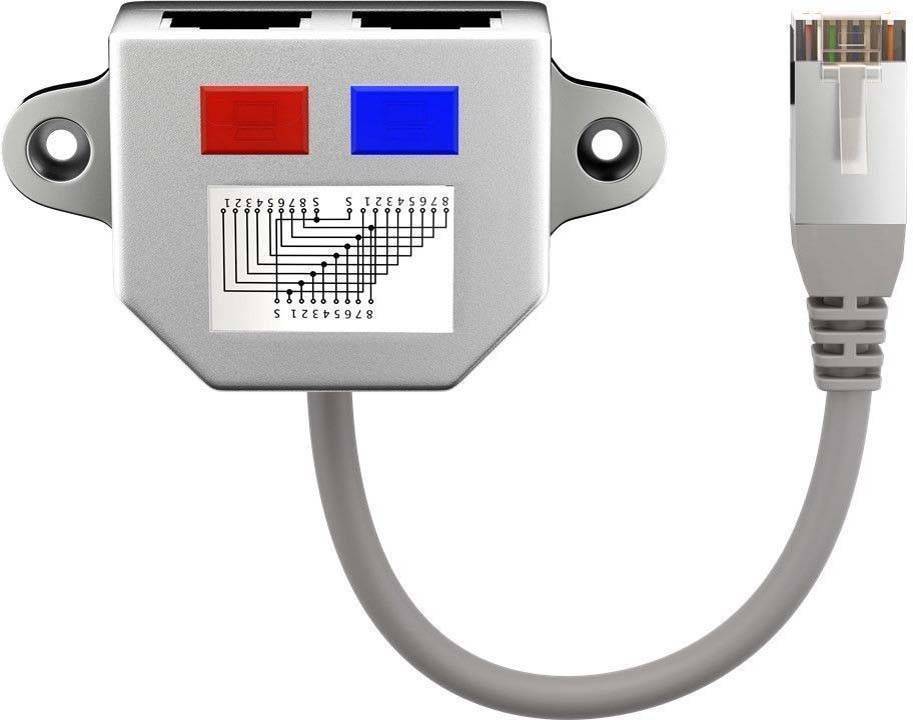 Ein RJ11/RJ45 Netzwerktester mit zwei LED-Anzeigen, rot und blau, durch ein Kabel verbunden, enthält einen gedruckten Verdrahtungsplan.