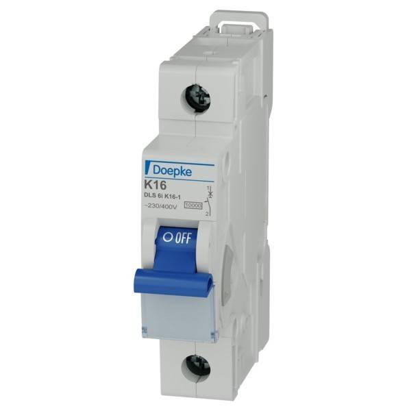 Ein Miniaturschalter (MCB) mit der Bezeichnung 'Doepke K16', mit einem blauen Schalter in der 'AUS'-Position, ausgelegt für 230/400V.