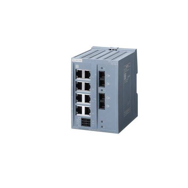 Grauer industrieller Ethernet-Schalter mit mehreren RJ45-Anschlüssen und Statusanzeigen, auf weißem Hintergrund dargestellt.
