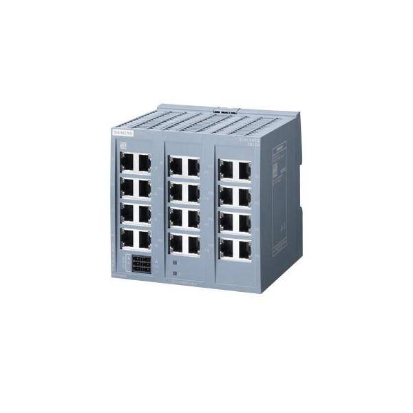 Grauer Industrie-Netzwerk-Switch mit mehreren Ethernet-Anschlüssen auf der Vorderseite, dargestellt auf weißem Hintergrund.