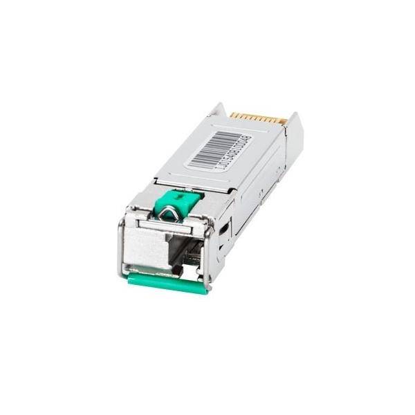 Transceiver-Modul mit einzelnem Glasfaserport in Metallgehäuse mit grünem Verriegelungsmechanismus, auf weißem Hintergrund dargestellt.