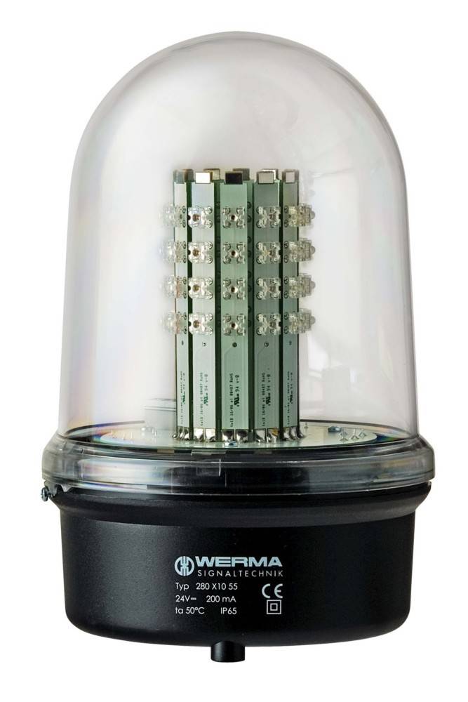 Schwarzes WERMA Signaltechnik Industriestapelleuchte mit klarer Kuppel und mehreren LED-Modulen im Inneren