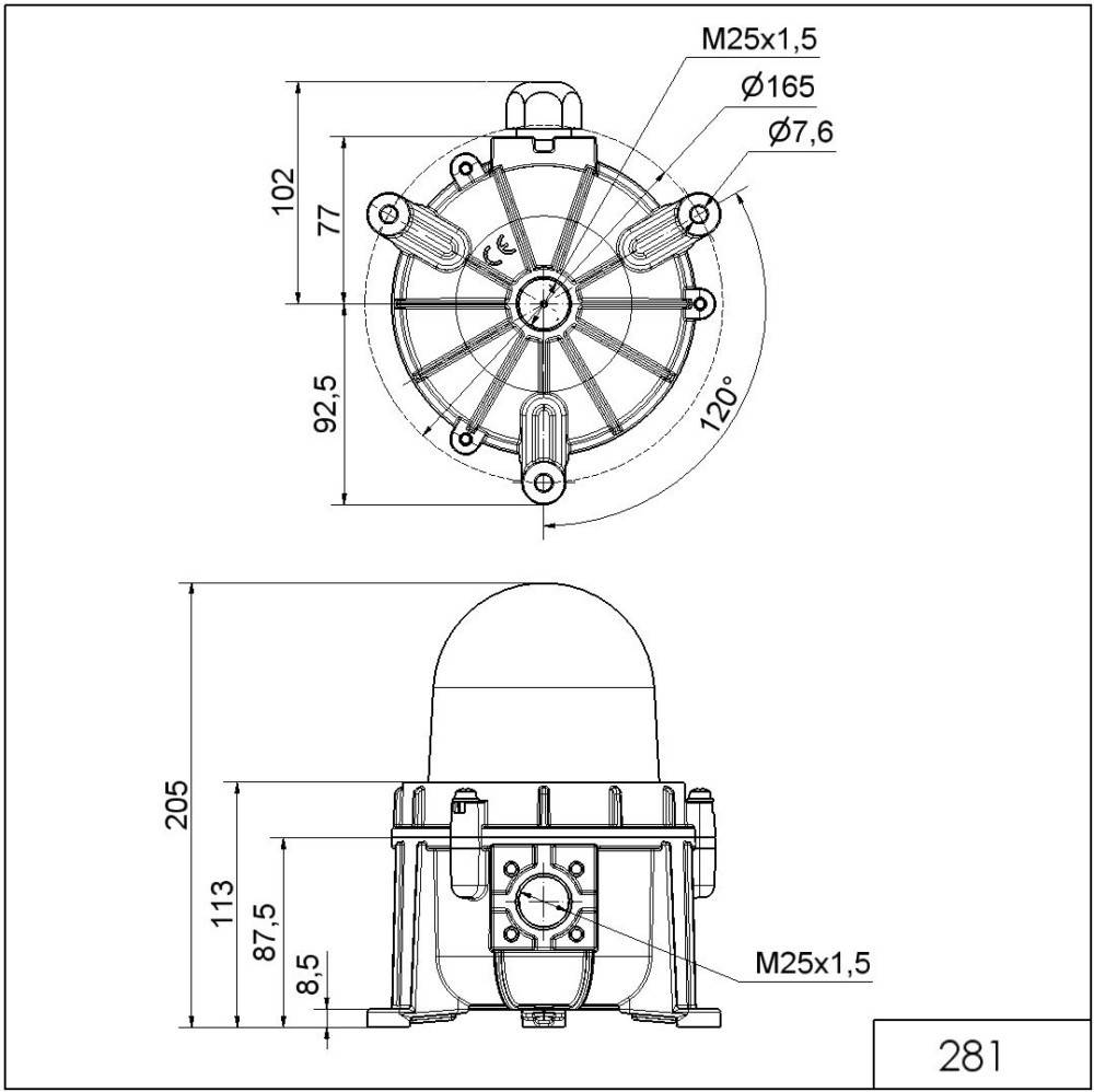Technische Zeichnung eines kreisförmigen mechanischen Bauteils mit Vorder- und Draufsicht sowie Bemaßungen, einschließlich M25x1.5, Ø165, Ø7.6 und 120°-Abstände.