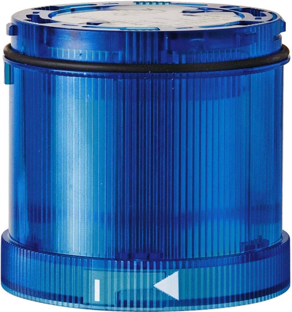 Blauwe durchsichtige zylindrische Notfall-Signalleuchte mit rotierendem Linsenstil und Pfeilmarkierungen rund um die Basis.