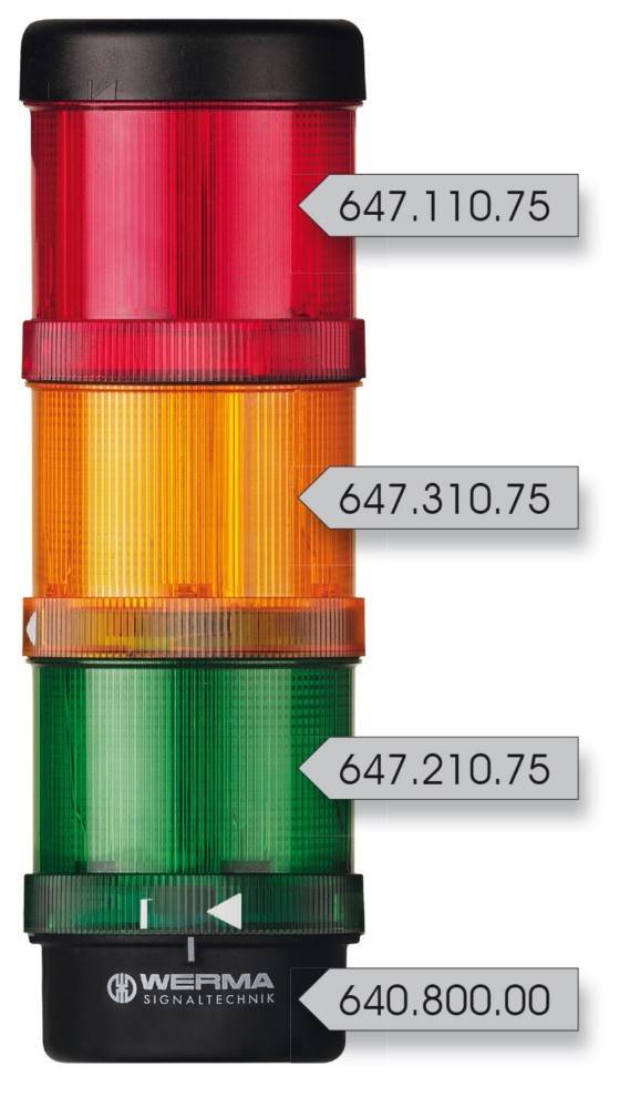 Gestapelter Signalturm mit roten, bernsteinfarbenen und grünen Leuchten mit neben jedem Abschnitt und der Basis beschrifteten Produktteile­nummern: 647.110.75, 647.310.75, 647.210.75 und 640.800.00.