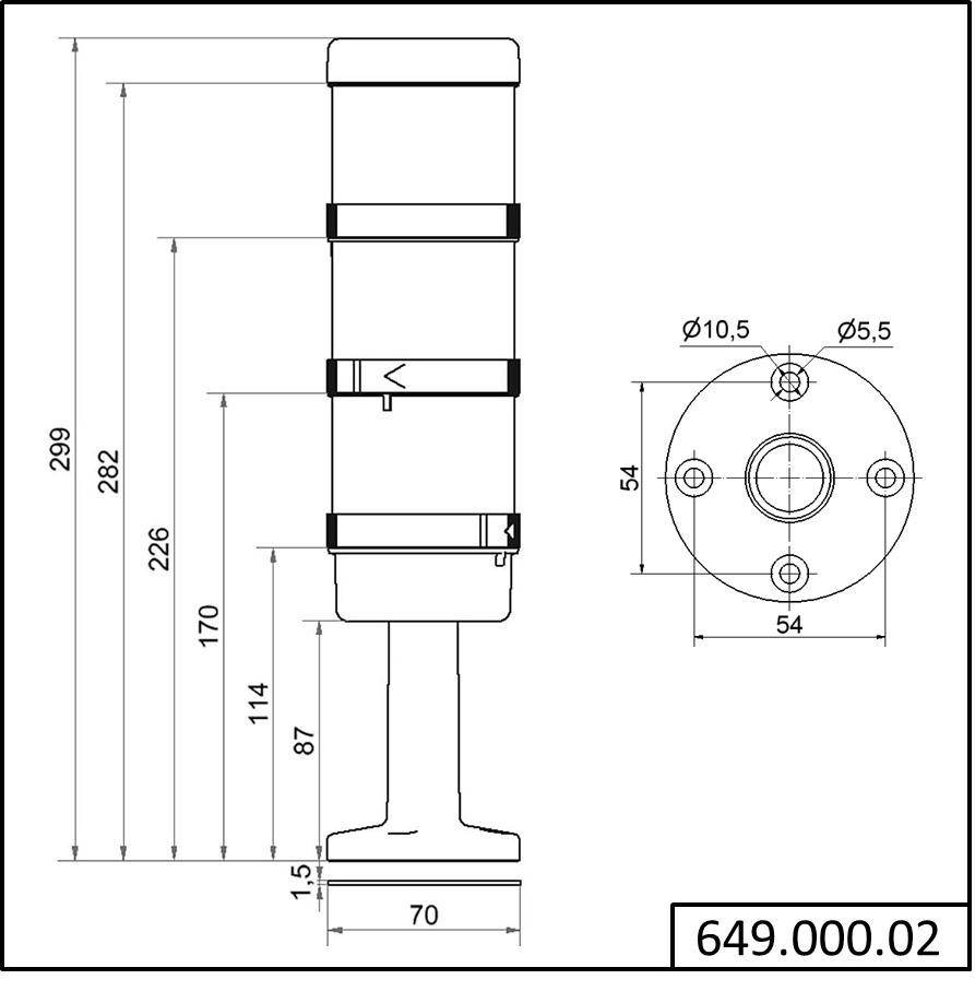 Technische Zeichnung einer zylindrischen Komponente mit Seiten- und Vorderansicht, zeigt Abmessungen einschließlich 299 mm Höhe, 70 mm Basisbreite und einem 54 mm Kreisflansch mit Lochgrößen Ø10,5 und Ø5,5.