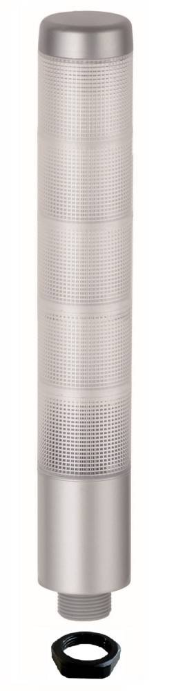 Ein silberner zylindrischer Metallfilter oder eine Filterpatrone mit Gewindelende, aufrecht dargestellt mit einer schwarzen Überwurfmutter darunter auf einfachem Hintergrund.