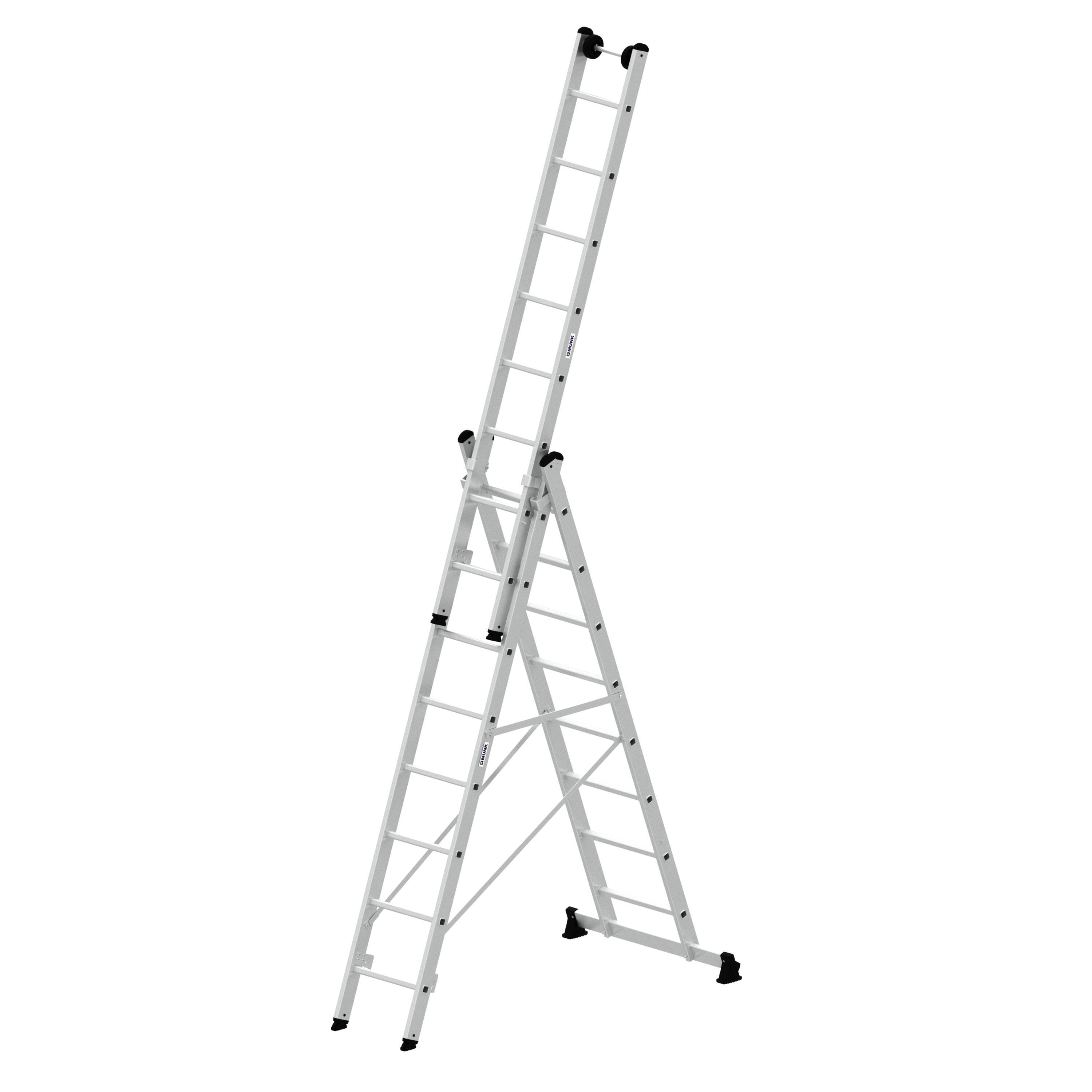 Munk Sprossen-Mehrzweckleiter 3-teilig mit nivello®-Traverse und Wandlaufrollen 3x8 S