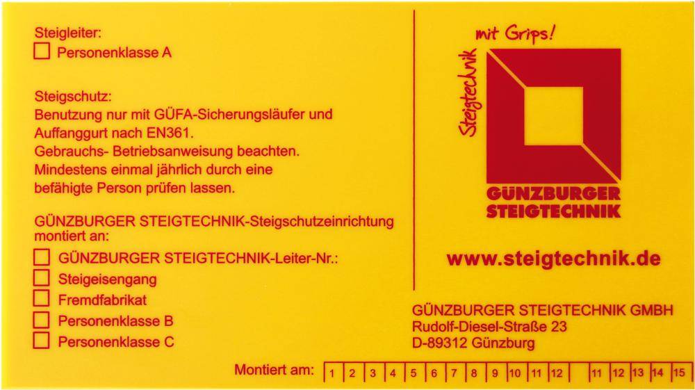 Kennzeichnungsschild für Fallschutzeinrichtung