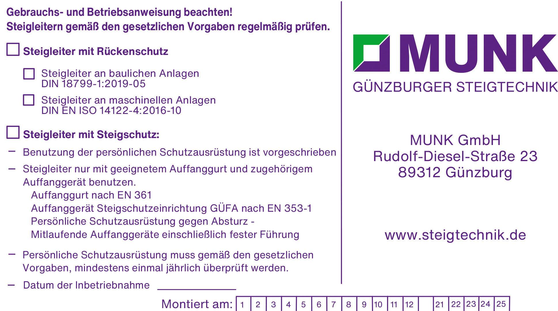 Munk Kennzeichnungsschild für Steigschutzeinrichtung f. Steigschutz