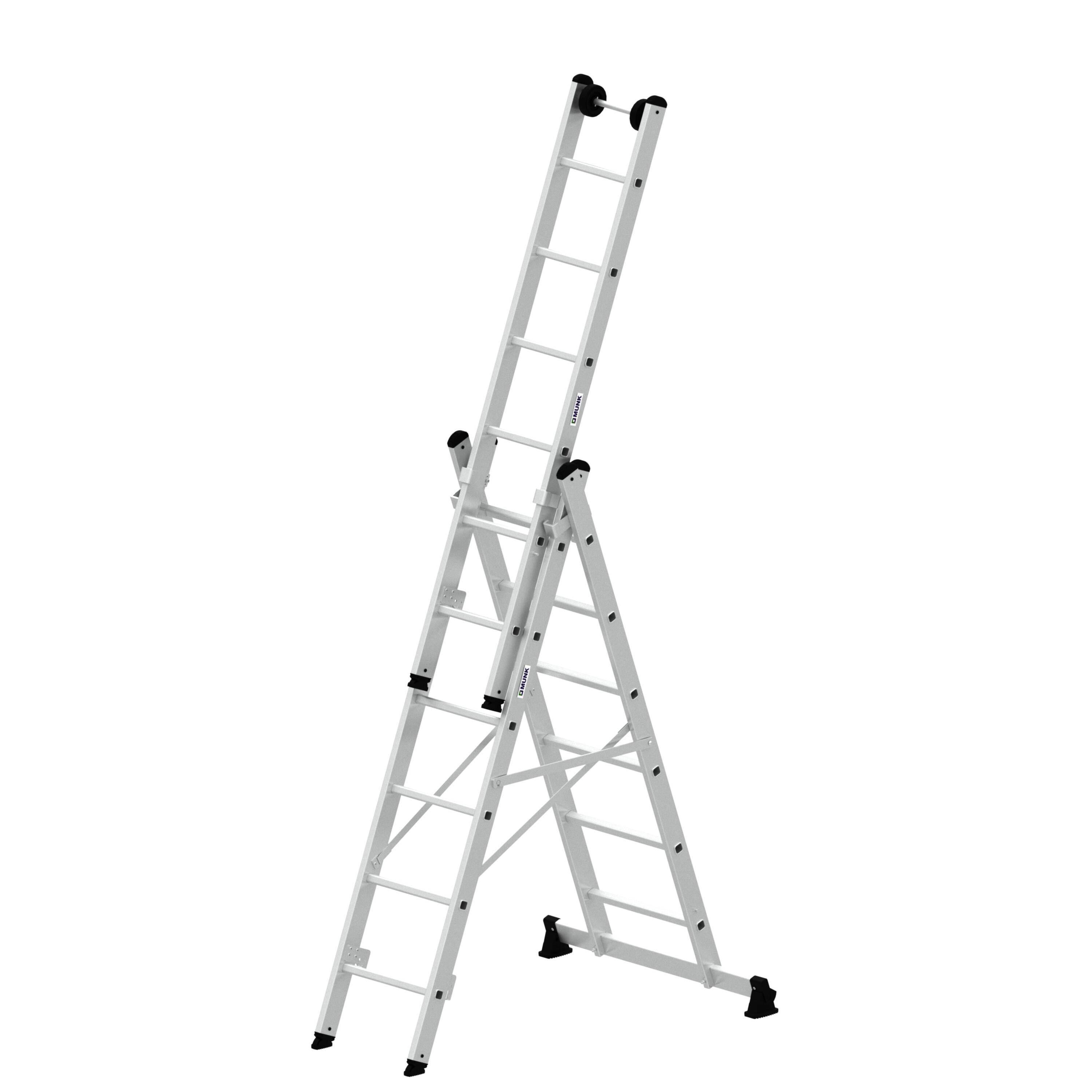 Munk Sprossen-Mehrzweckleiter 3-teilig mit nivello®-Traverse und Wandlaufrollen 3x6 S