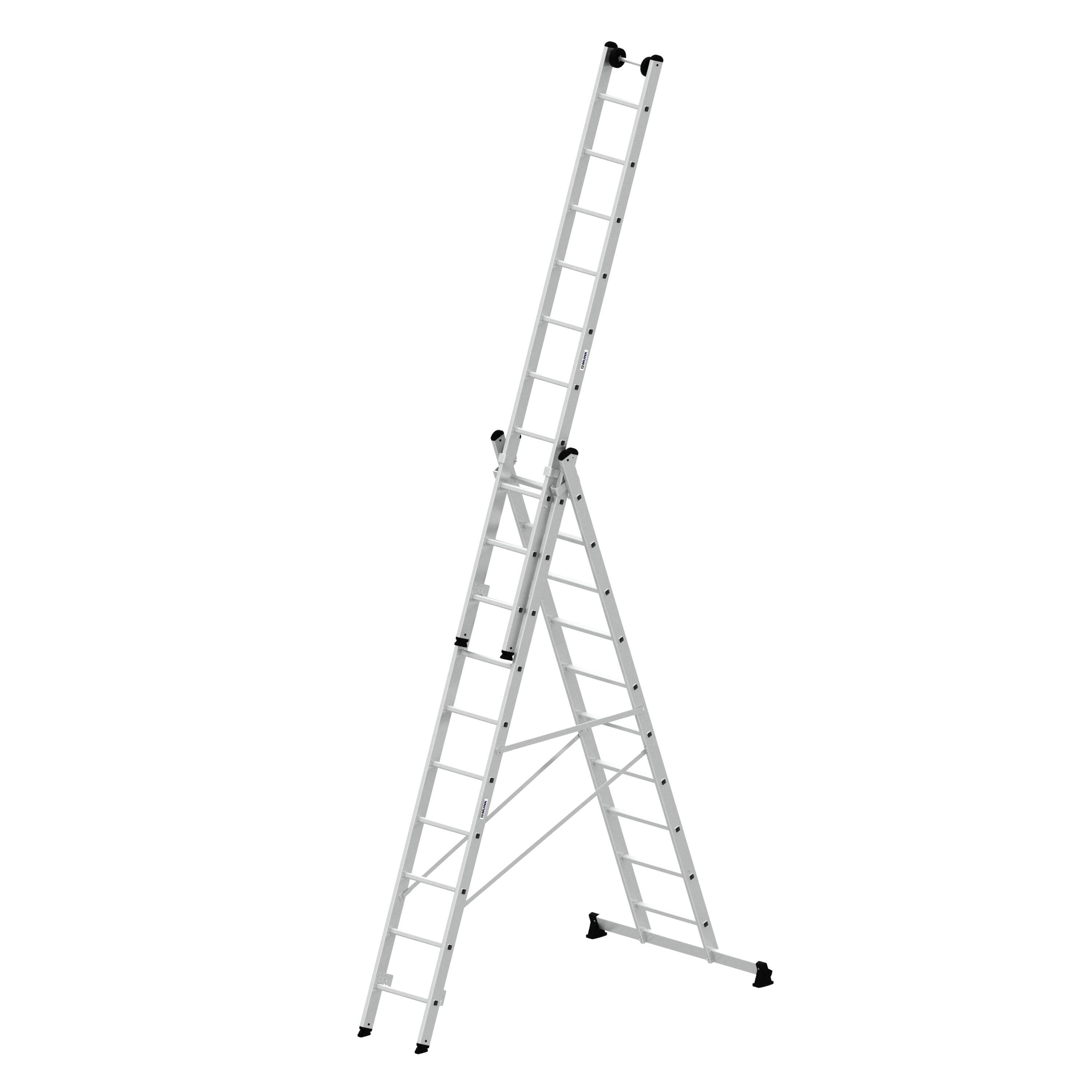Munk Sprossen-Mehrzweckleiter 3-teilig mit nivello®-Traverse und Wandlaufrollen 3x10