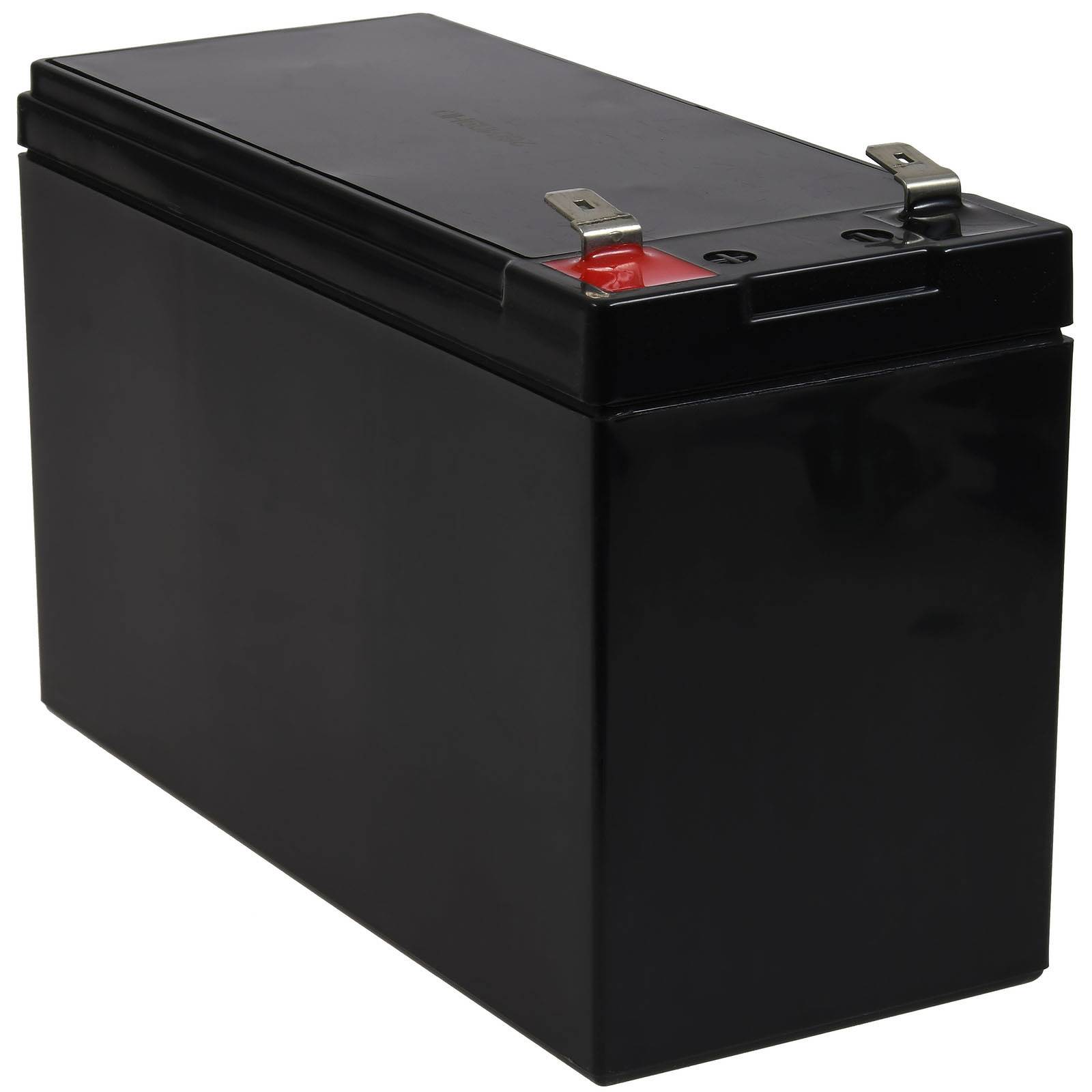 Schwarze rechteckige versiegelte Blei-Säure-Batterie mit Metallklemmen oben, isoliert auf weißem Hintergrund dargestellt.