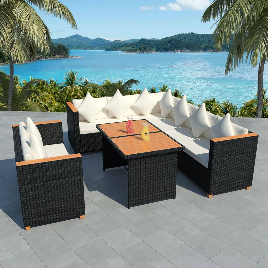 vidaXL 5-tlg. Garten-Lounge-Set mit Auflagen Poly Rattan Schwarz