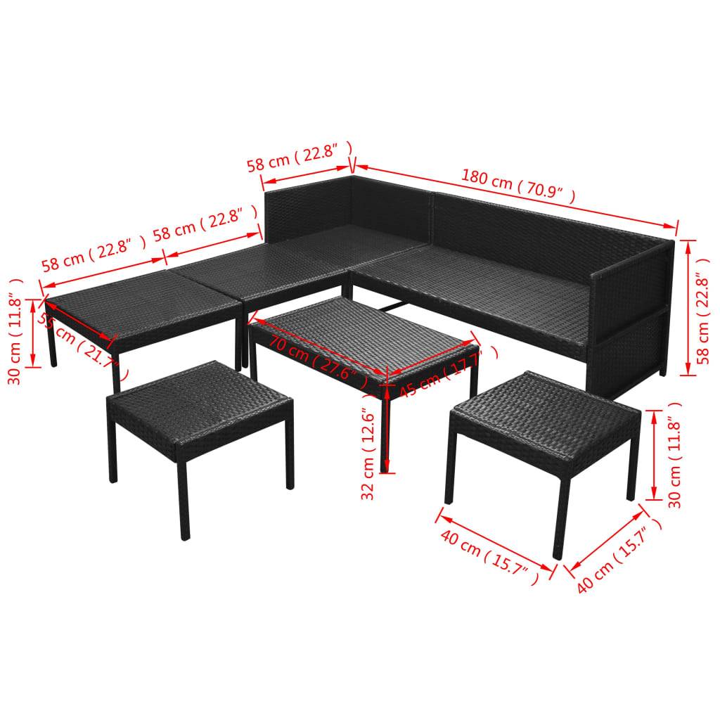 vidaXL 6-tlg. Garten-Lounge-Set mit Auflagen Poly Rattan Schwarz