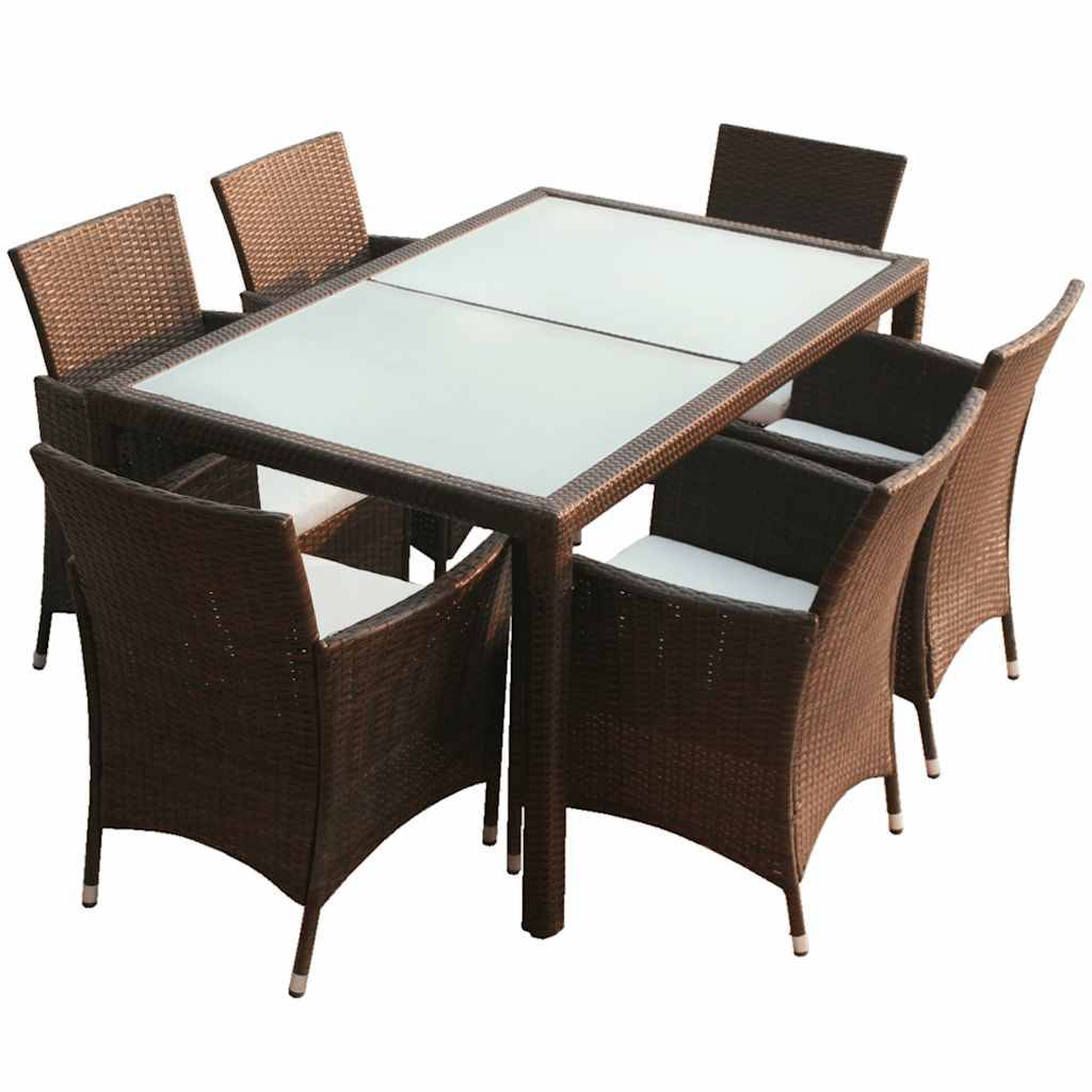 vidaXL 7-tlg. Garten-Essgruppe mit Auflagen Poly Rattan Braun