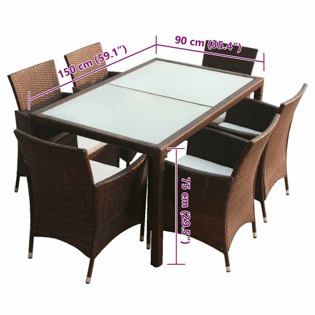 vidaXL 7-tlg. Garten-Essgruppe mit Auflagen Poly Rattan Braun