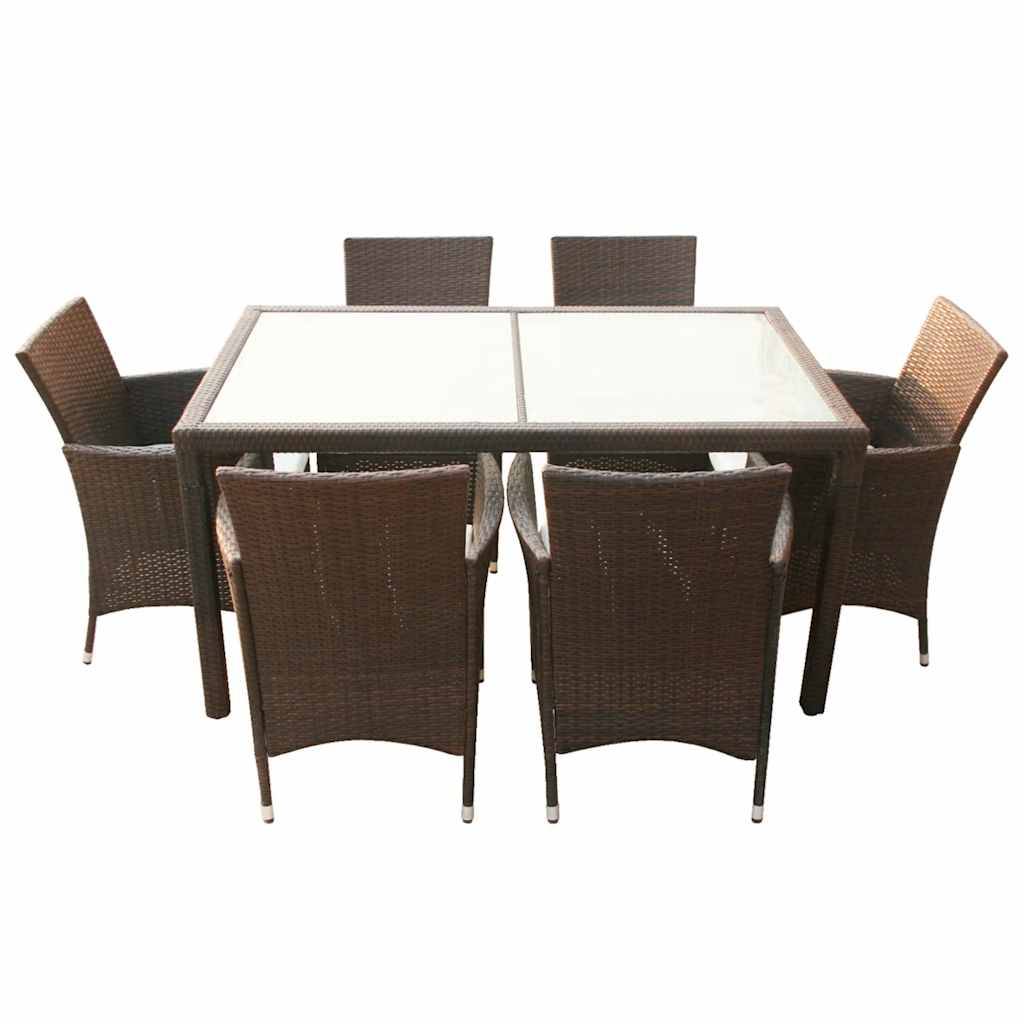 vidaXL 7-tlg. Garten-Essgruppe mit Auflagen Poly Rattan Braun