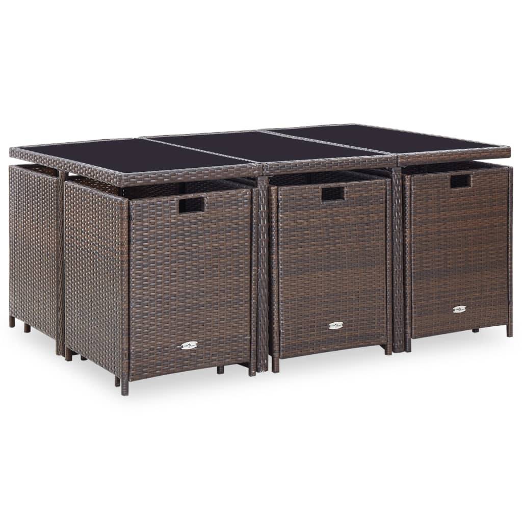 vidaXL 11-tlg. Garten-Essgruppe mit Auflagen Poly Rattan Braun