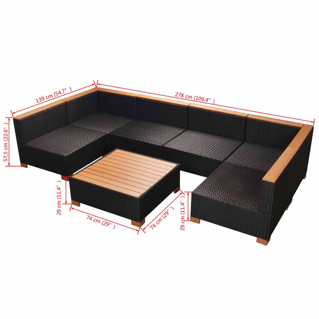 vidaXL 7-tlg. Garten-Lounge-Set mit Auflagen Poly Rattan Schwarz