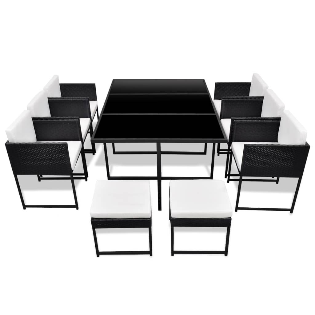 vidaXL 11-tlg. Garten-Essgruppe mit Auflagen Poly Rattan Schwarz