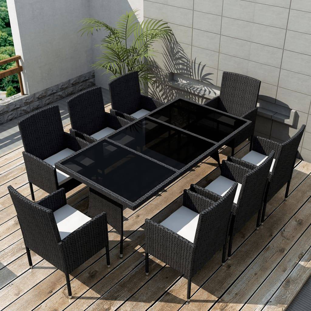 vidaXL 9-tlg. Garten-Essgruppe mit Kissen Poly Rattan Schwarz