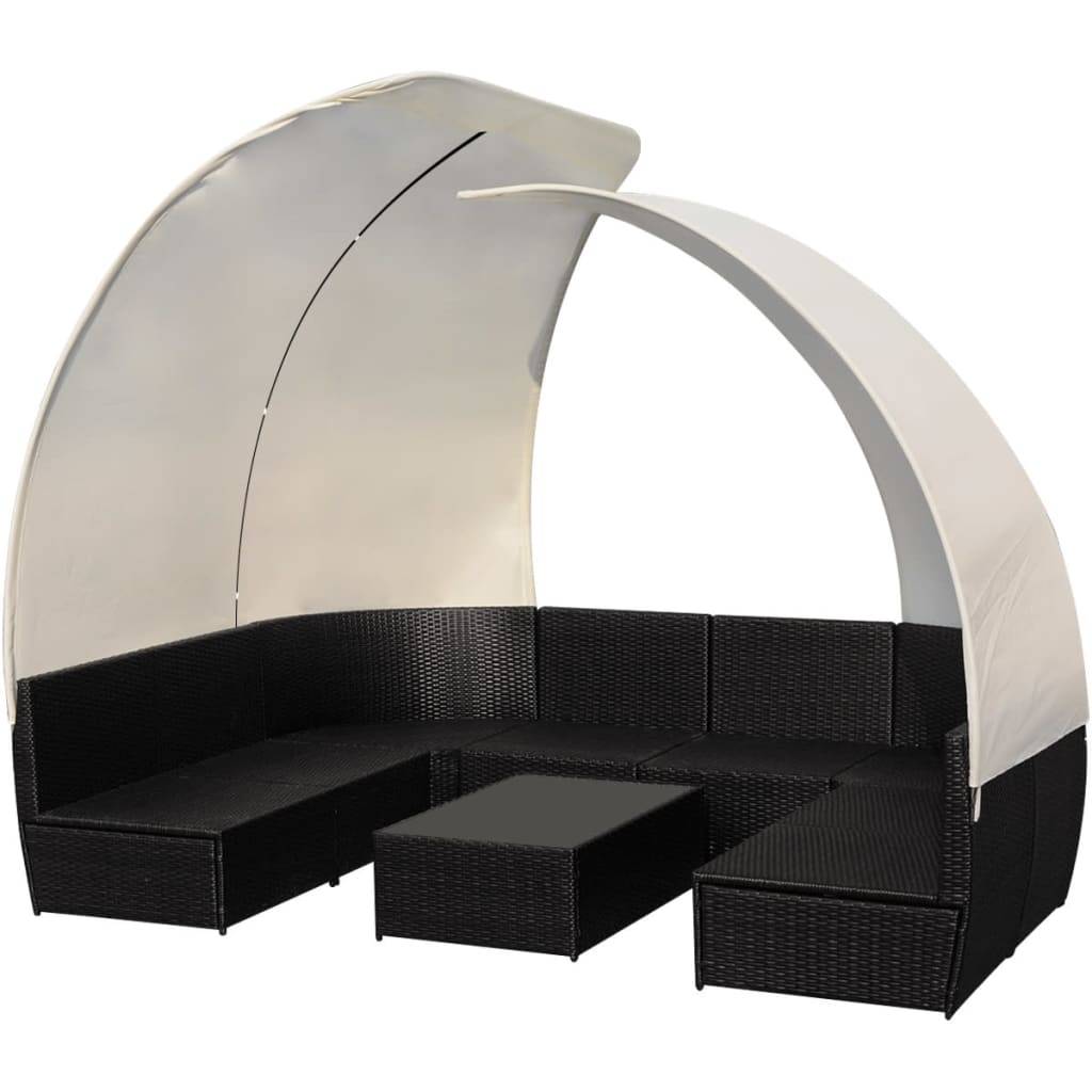 vidaXL 9-tlg. Garten-Lounge-Set mit Sonnendächern Poly Rattan Schwarz