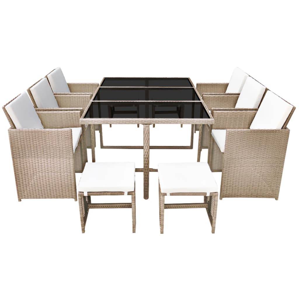 vidaXL 11-tlg. Garten-Essgruppe mit Auflagen Poly Rattan Beige