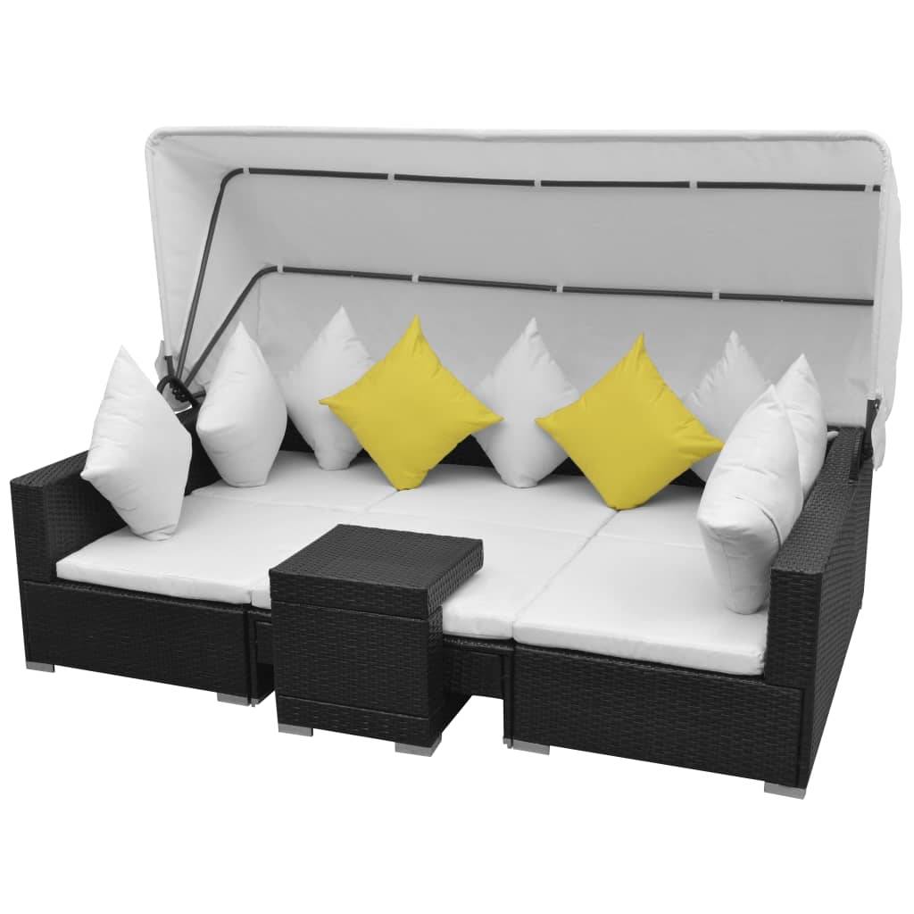 vidaXL 7-tlg. Garten-Lounge-Set mit Sonnendach Poly Rattan Schwarz