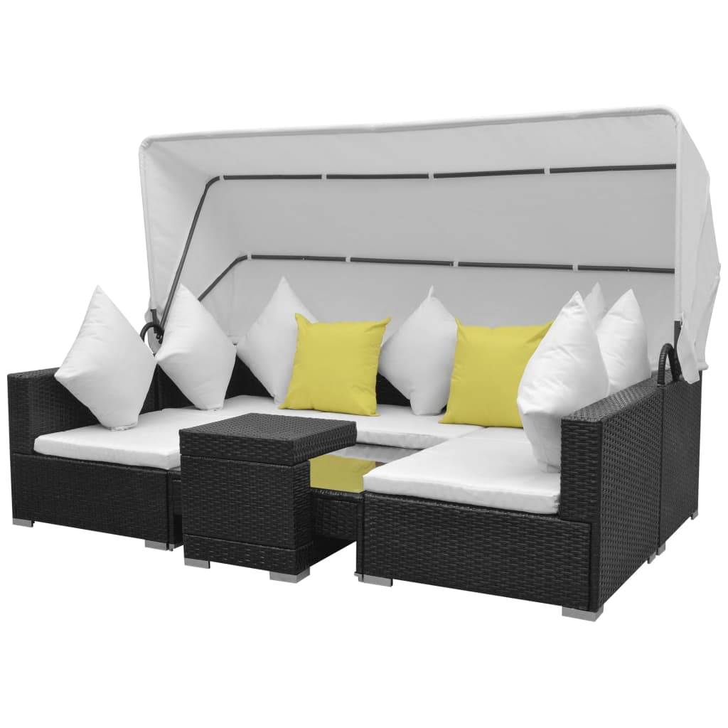 vidaXL 7-tlg. Garten-Lounge-Set mit Sonnendach Poly Rattan Schwarz