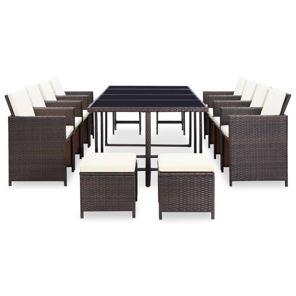 vidaXL 13-tlg. Garten-Essgruppe mit Auflagen Poly Rattan Braun