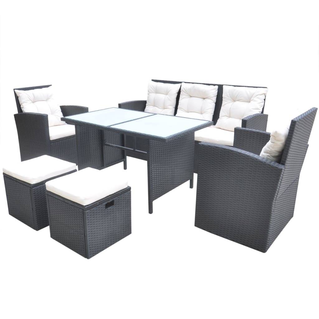 vidaXL 6-tlg. Garten-Essgruppe mit Kissen Poly Rattan Schwarz