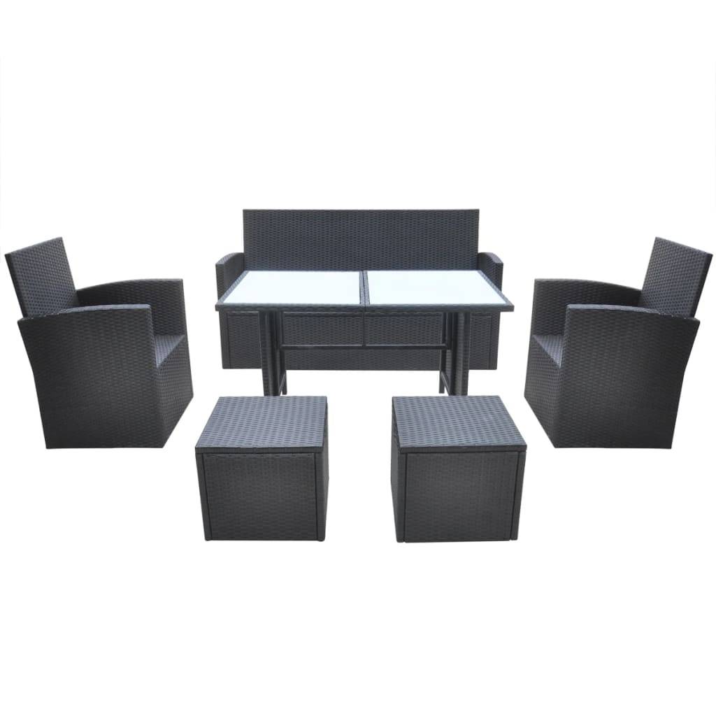 vidaXL 6-tlg. Garten-Essgruppe mit Kissen Poly Rattan Schwarz