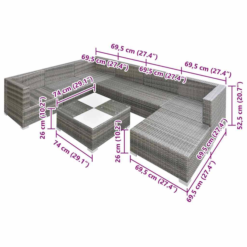 vidaXL 8-tlg. Garten-Lounge-Set mit Auflagen Poly Rattan Grau