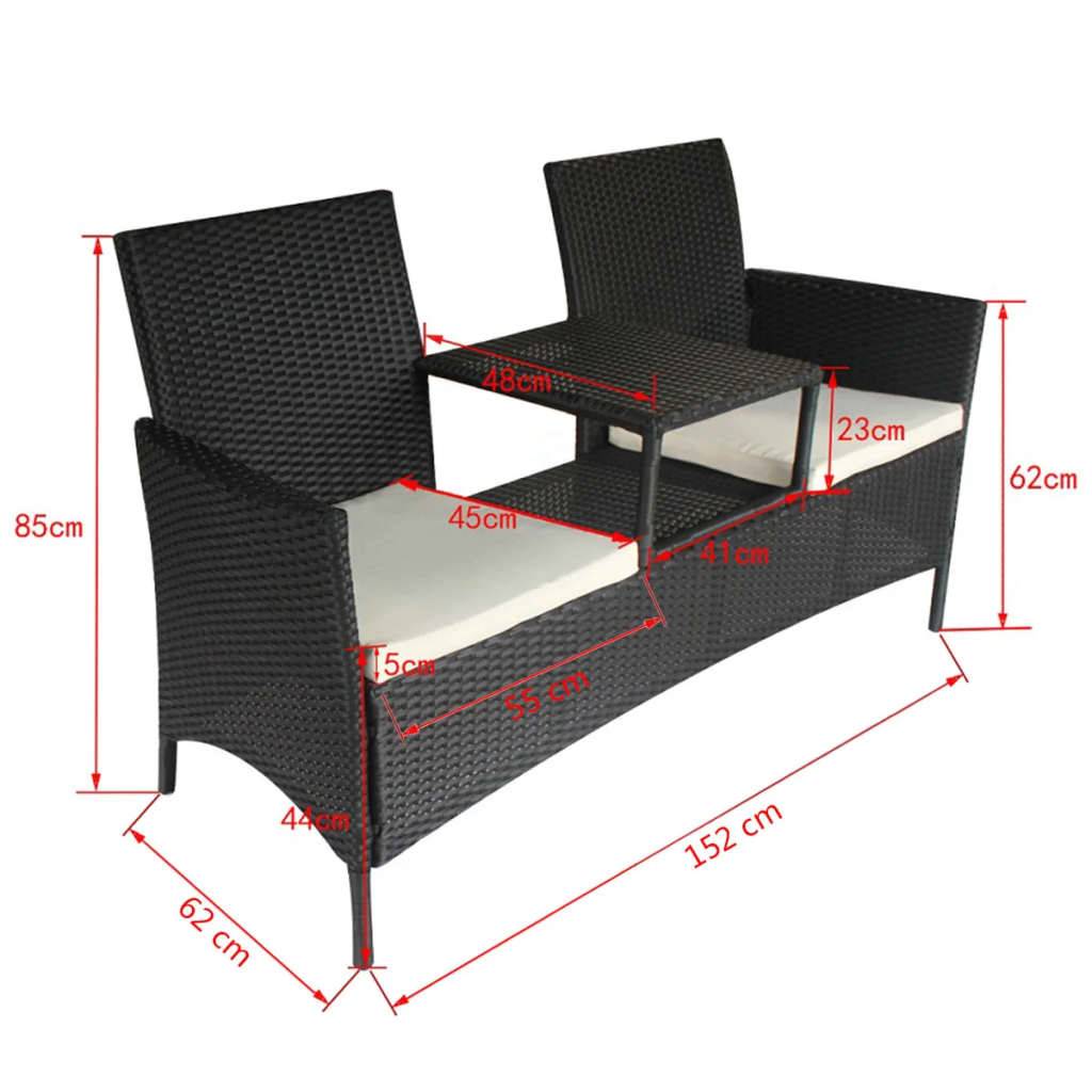 vidaXL Gartensofa 2-Sitzer mit Teetisch Poly Rattan Schwarz